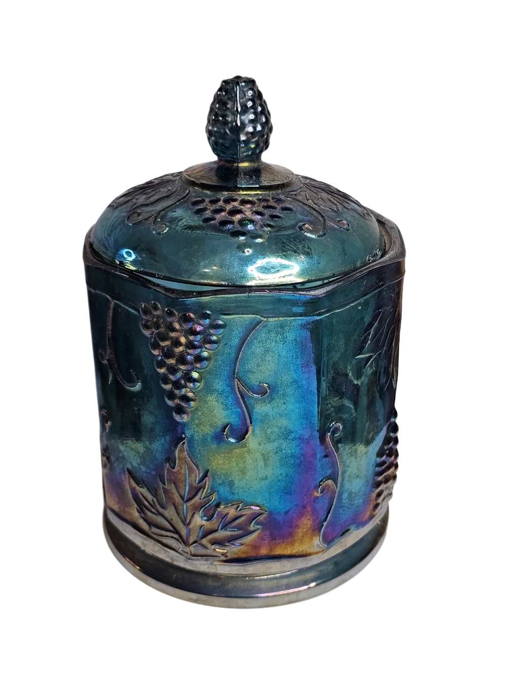 Vtg Indiana Carnival Glass Harvest Grape Blue Iridescent Canister Jar w/ Lid 7"